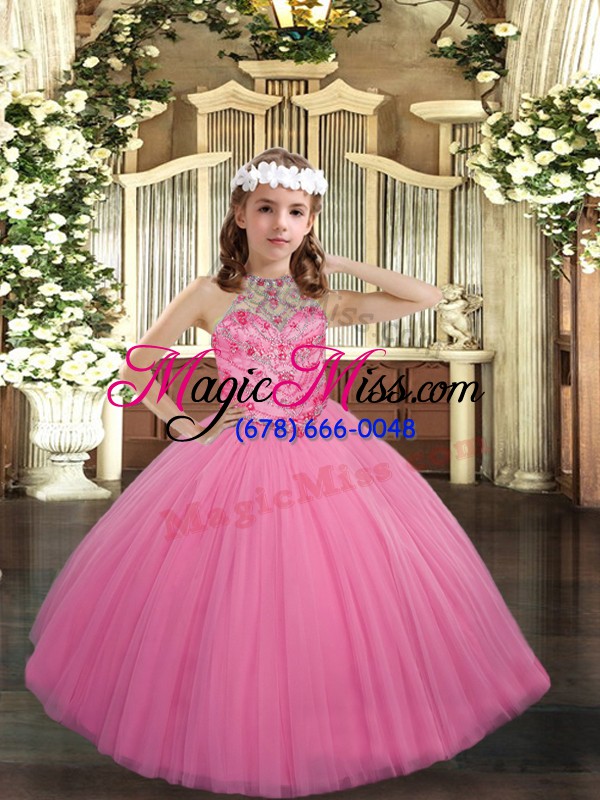 wholesale hot sale sleeveless floor length beading lace up child pageant dress with rose pink