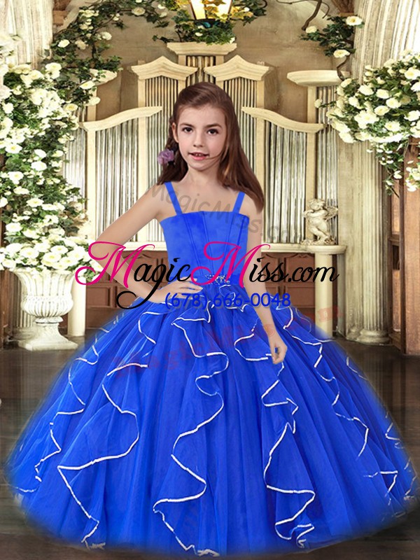 wholesale sleeveless tulle floor length lace up kids formal wear in royal blue with ruffles