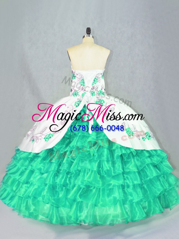 wholesale customized sweetheart sleeveless 15 quinceanera dress floor length embroidery and ruffled layers turquoise organza