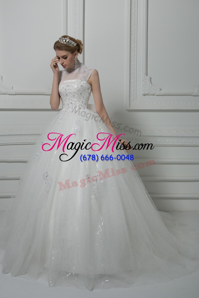 wholesale fine white wedding dress high-neck sleeveless brush train lace up