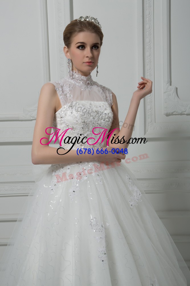 wholesale fine white wedding dress high-neck sleeveless brush train lace up