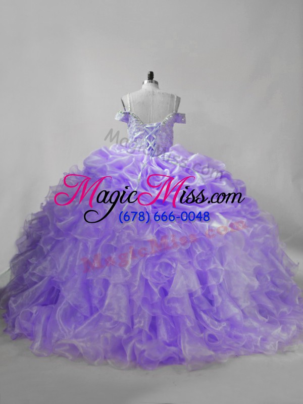 wholesale great organza sleeveless quince ball gowns brush train and beading and ruffles and pick ups