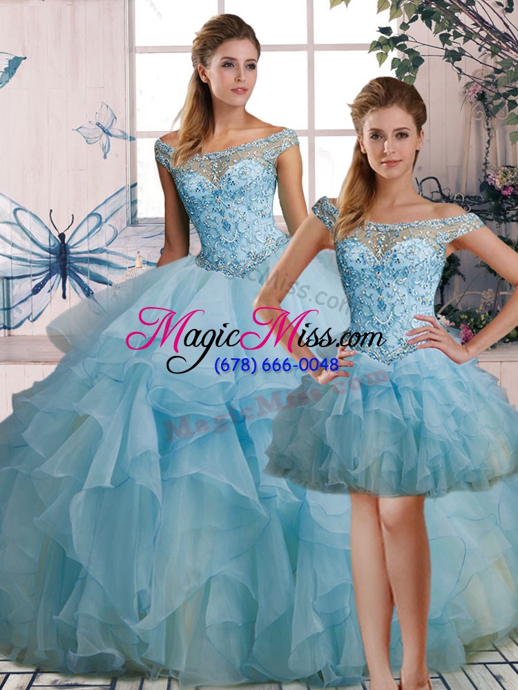 wholesale nice floor length lace up 15th birthday dress light blue for military ball and sweet 16 and quinceanera with beading and ruffles