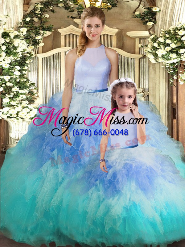 wholesale multi-color backless high-neck ruffles quinceanera dress tulle sleeveless