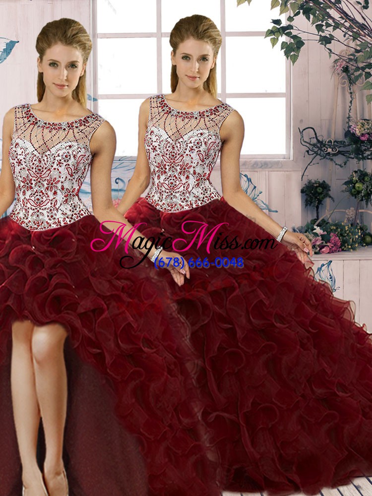 wholesale shining scoop sleeveless organza quinceanera dresses beading and ruffles lace up