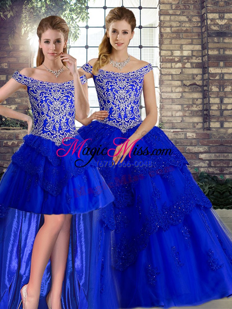 wholesale chic royal blue sweet 16 dresses tulle brush train sleeveless beading and lace