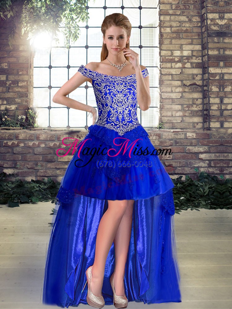 wholesale chic royal blue sweet 16 dresses tulle brush train sleeveless beading and lace