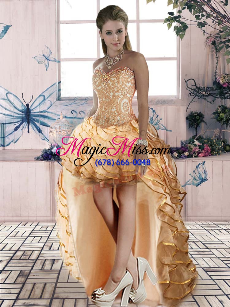 wholesale ruffled layers quinceanera gown gold lace up sleeveless brush train