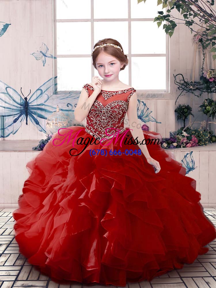 wholesale red ball gowns beading and ruffles girls pageant dresses zipper organza sleeveless floor length