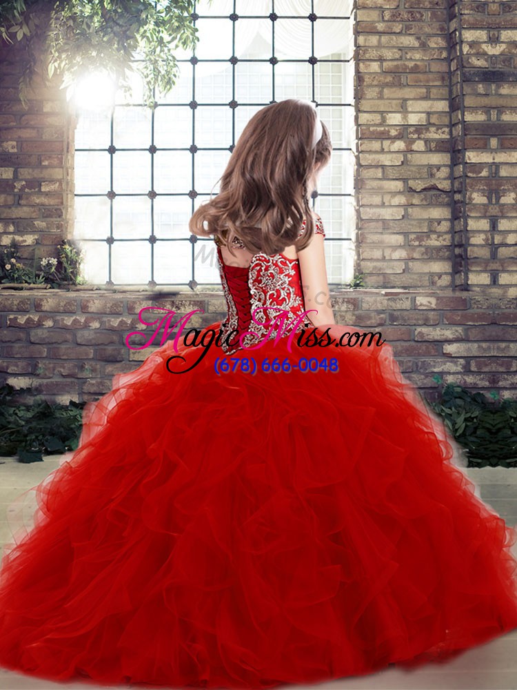 wholesale beading and ruffles pageant dress for womens fuchsia lace up sleeveless floor length