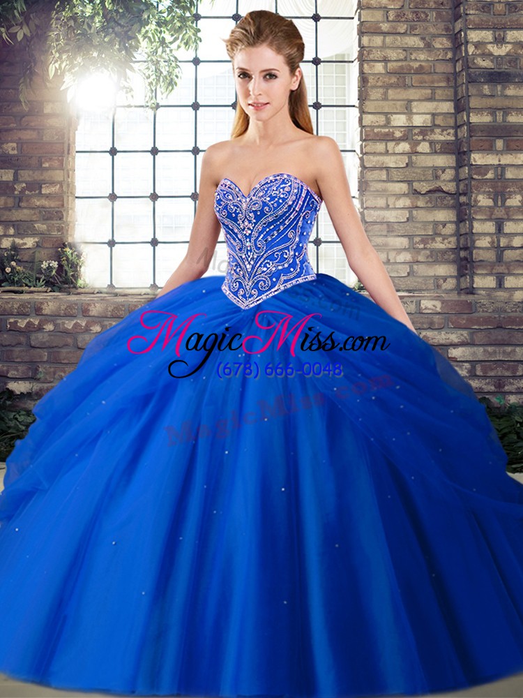 wholesale nice tulle sweetheart sleeveless brush train lace up beading and pick ups quince ball gowns in royal blue