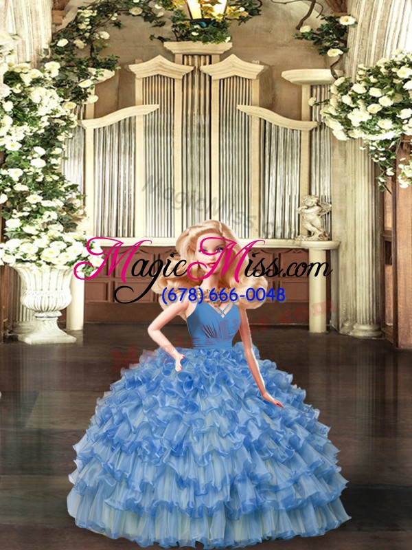 wholesale cheap blue sleeveless floor length ruffled layers and ruching backless quinceanera dresses