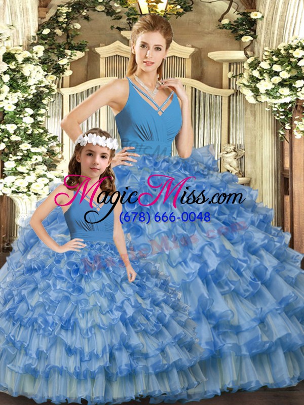 wholesale cheap blue sleeveless floor length ruffled layers and ruching backless quinceanera dresses