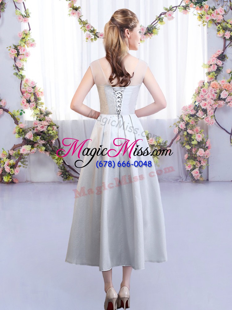 wholesale great straps sleeveless court dresses for sweet 16 tea length appliques silver satin