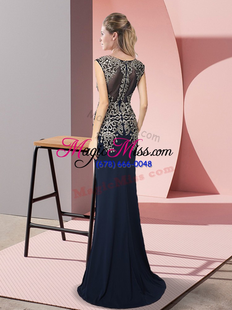 wholesale satin scoop sleeveless sweep train zipper appliques prom gown in royal blue