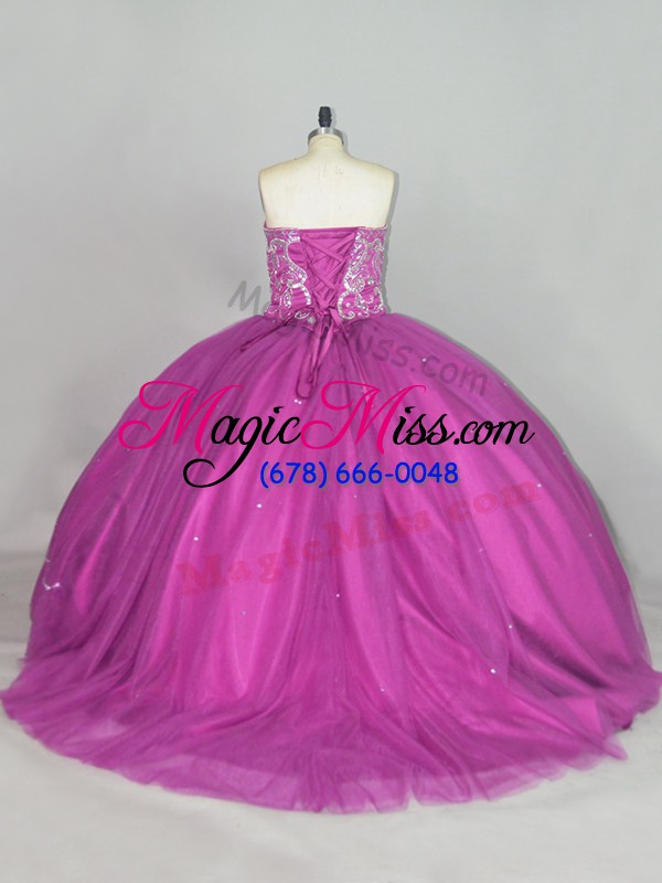 wholesale low price sweetheart sleeveless brush train lace up quinceanera dress fuchsia tulle