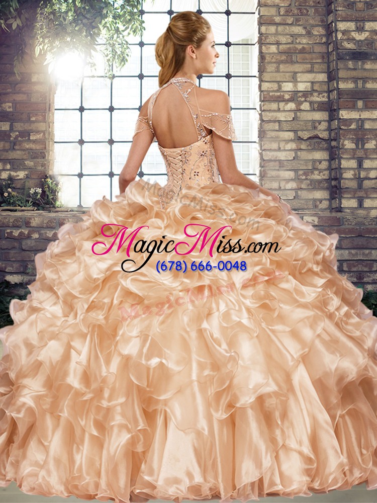 wholesale beading and ruffles quince ball gowns fuchsia lace up sleeveless floor length