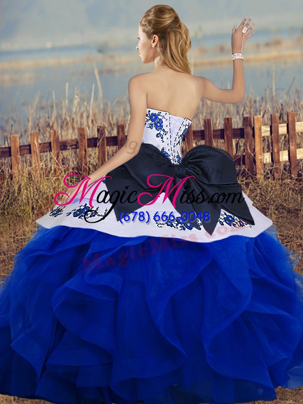 wholesale nice floor length lace up quinceanera dresses turquoise for military ball and sweet 16 and quinceanera with embroidery and ruffles and bowknot