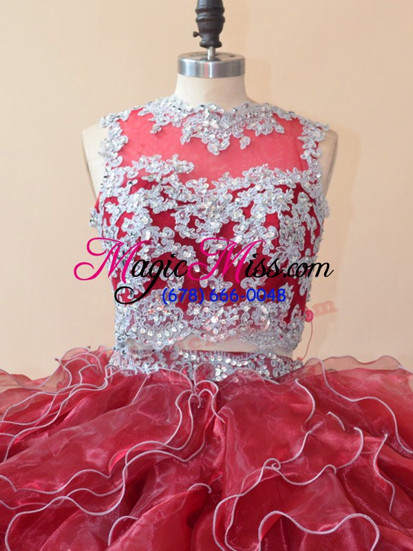 wholesale red quinceanera gowns organza brush train sleeveless beading and lace and appliques