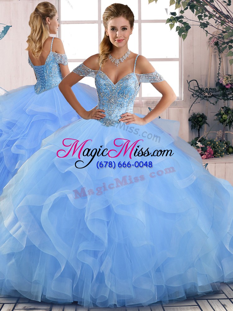 wholesale noble blue lace up 15th birthday dress beading and ruffles sleeveless floor length