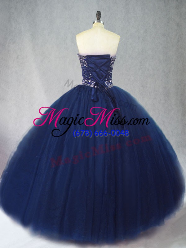 wholesale exquisite sleeveless tulle floor length lace up quince ball gowns in navy blue with beading