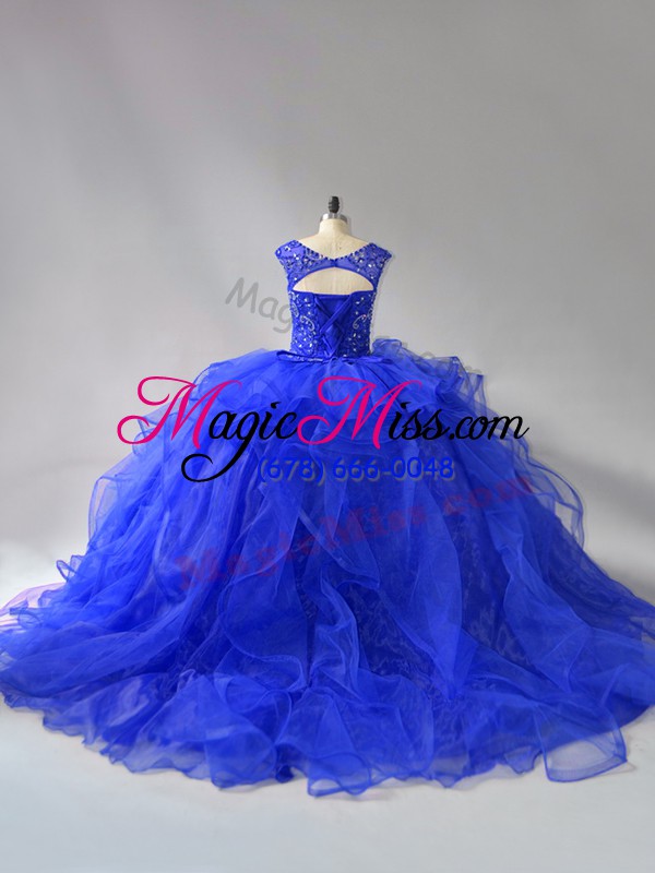 wholesale low price royal blue lace up 15th birthday dress beading and ruffles sleeveless brush train