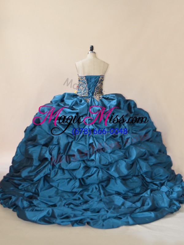 wholesale stylish sleeveless taffeta brush train lace up ball gown prom dress in blue with beading and pick ups