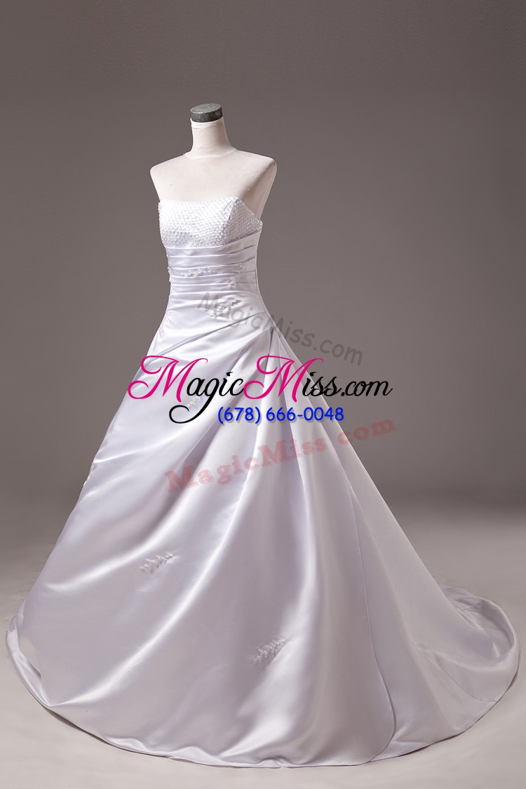 wholesale strapless sleeveless wedding gowns brush train beading white taffeta
