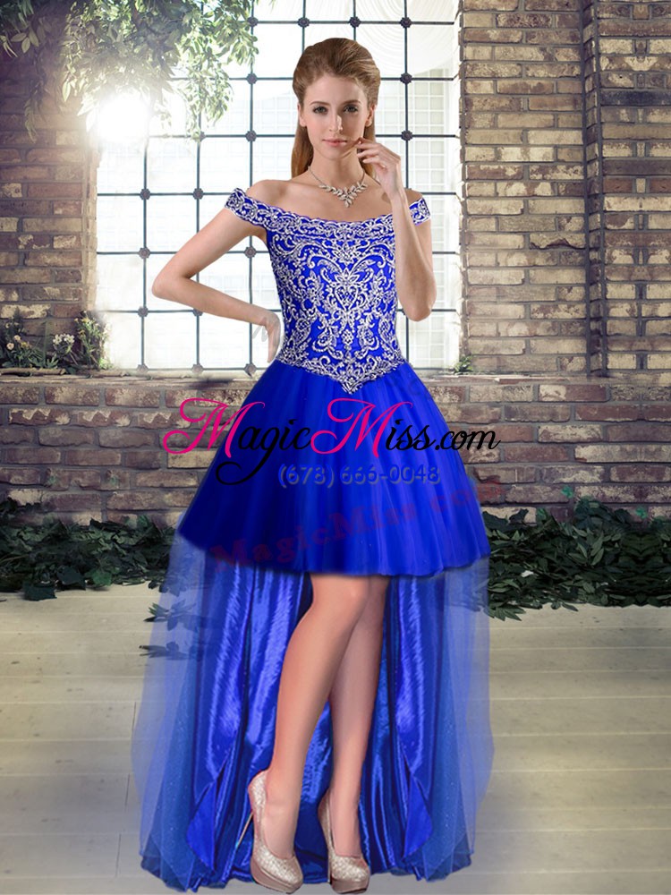 wholesale enchanting brush train ball gowns quinceanera gowns royal blue off the shoulder tulle sleeveless lace up