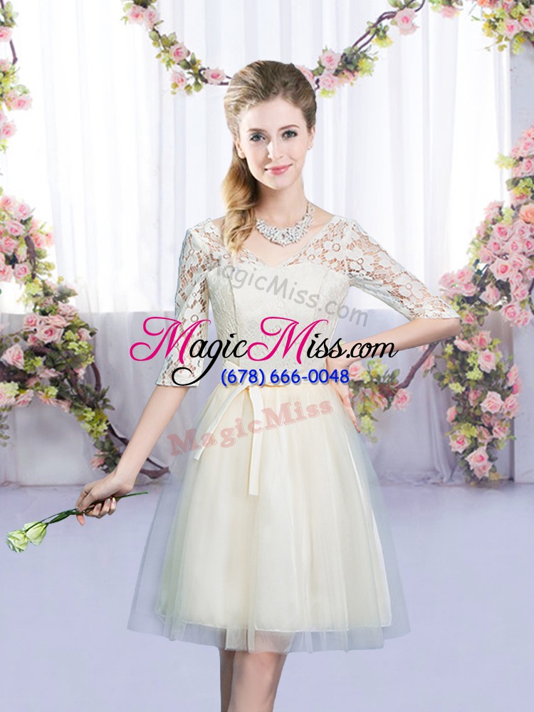 wholesale great half sleeves tulle mini length lace up wedding guest dresses in champagne with lace and bowknot