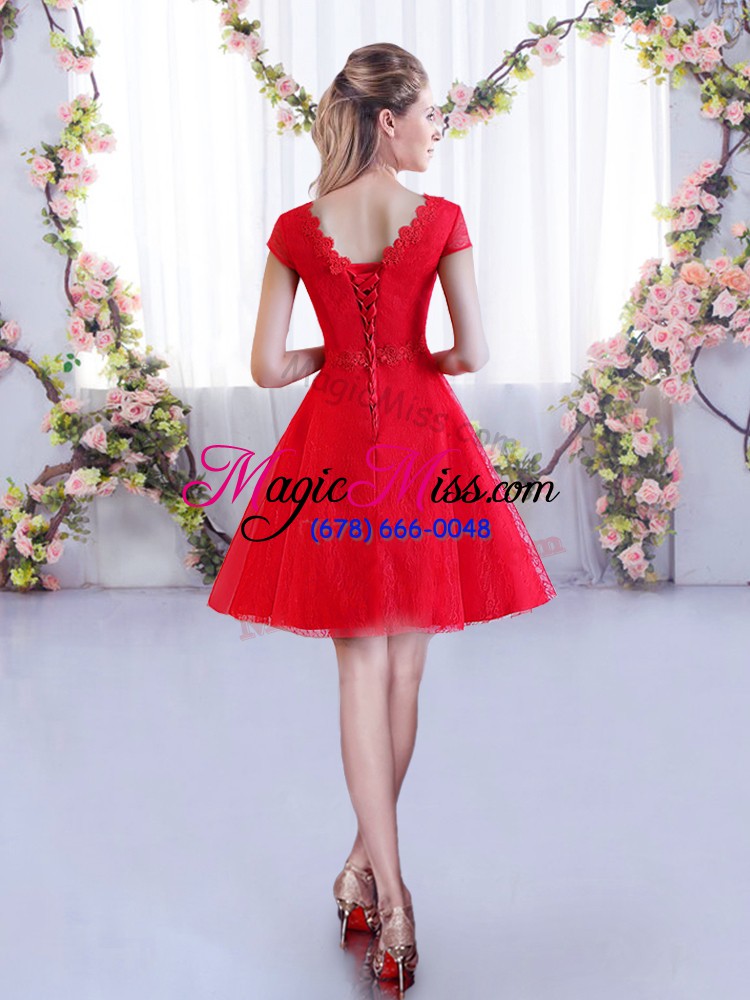 wholesale cute hot pink lace lace up v-neck cap sleeves mini length quinceanera court of honor dress lace