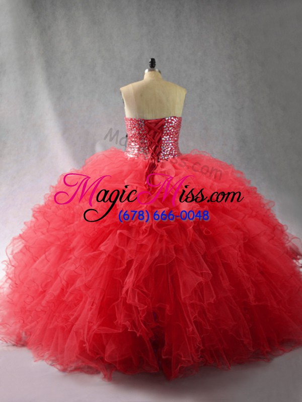 wholesale fashion sleeveless tulle floor length lace up sweet 16 quinceanera dress in wine red with beading and ruffles