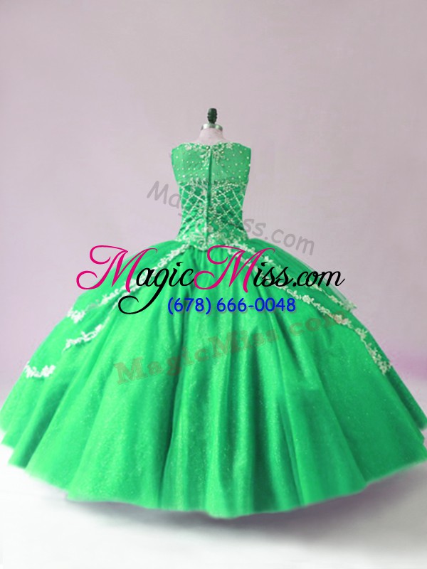 wholesale hot selling scoop sleeveless quince ball gowns floor length beading green tulle