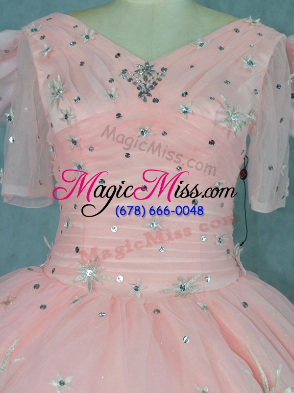 wholesale peach ball gowns beading quinceanera dress zipper organza short sleeves floor length