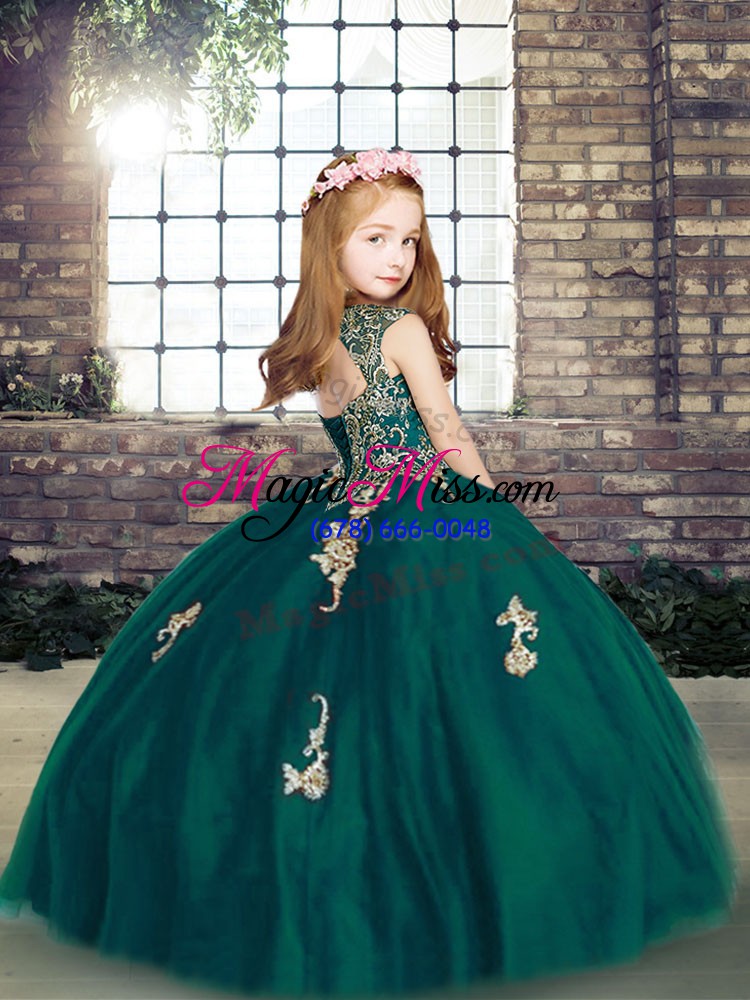wholesale sleeveless tulle floor length lace up pageant dress for womens in peacock green with appliques