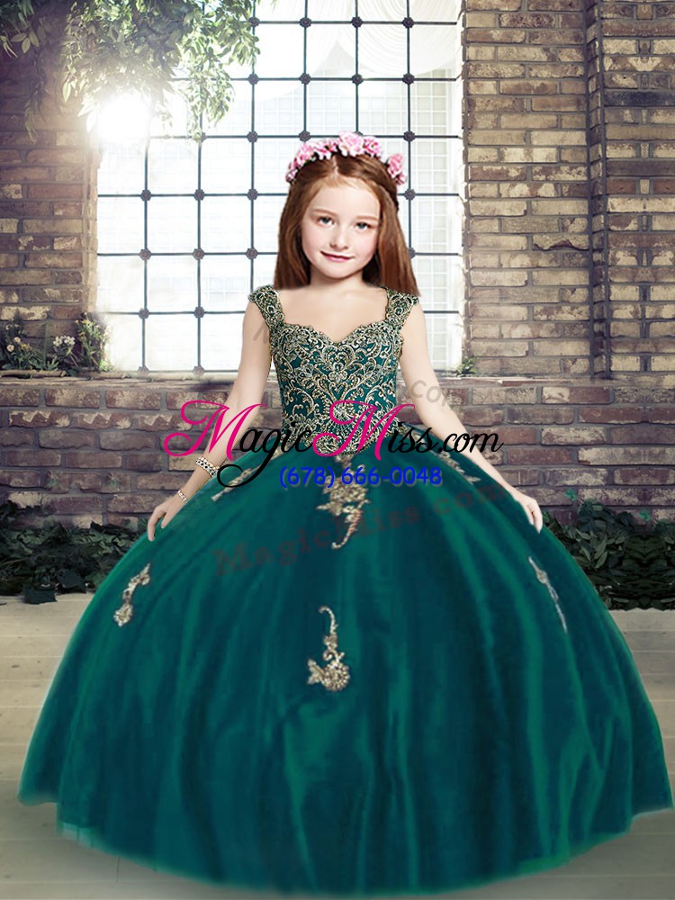 wholesale sleeveless tulle floor length lace up pageant dress for womens in peacock green with appliques