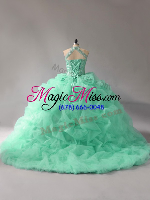 wholesale elegant apple green organza lace up halter top sleeveless 15th birthday dress court train beading and pick ups