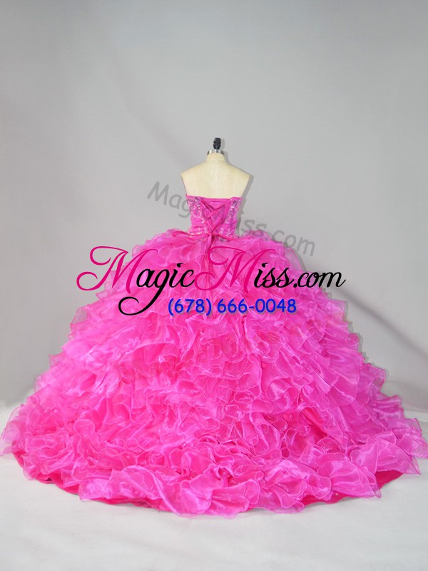 wholesale luxurious hot pink ball gowns organza strapless sleeveless beading and ruffles lace up 15 quinceanera dress court train