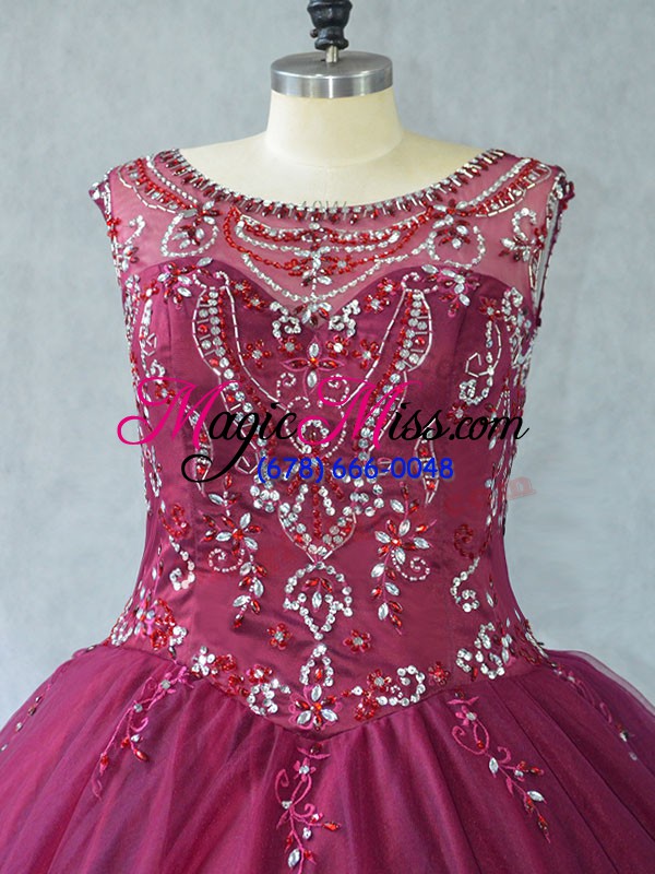 wholesale burgundy tulle lace up quinceanera dress sleeveless floor length beading