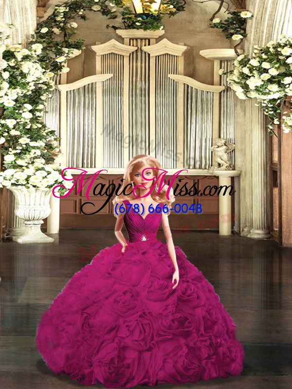 wholesale v-neck sleeveless quinceanera dress floor length beading fuchsia fabric with rolling flowers