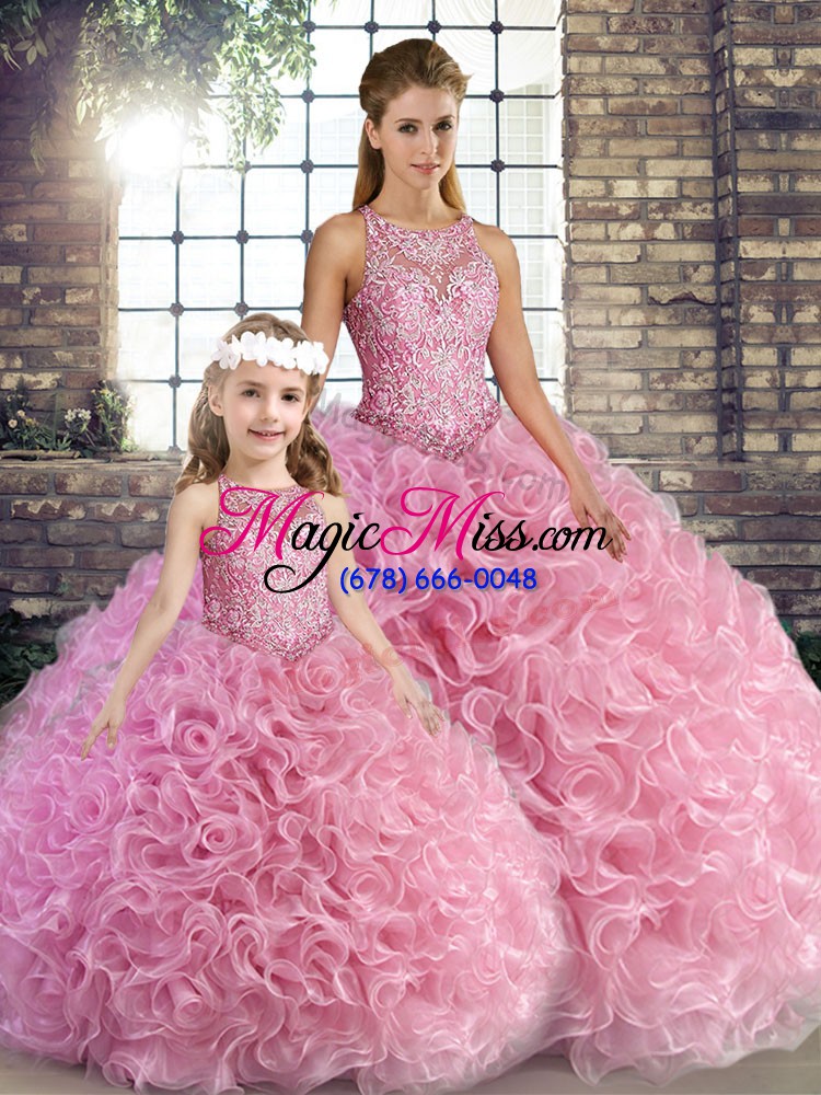 wholesale shining rose pink ball gowns beading 15 quinceanera dress lace up fabric with rolling flowers sleeveless floor length
