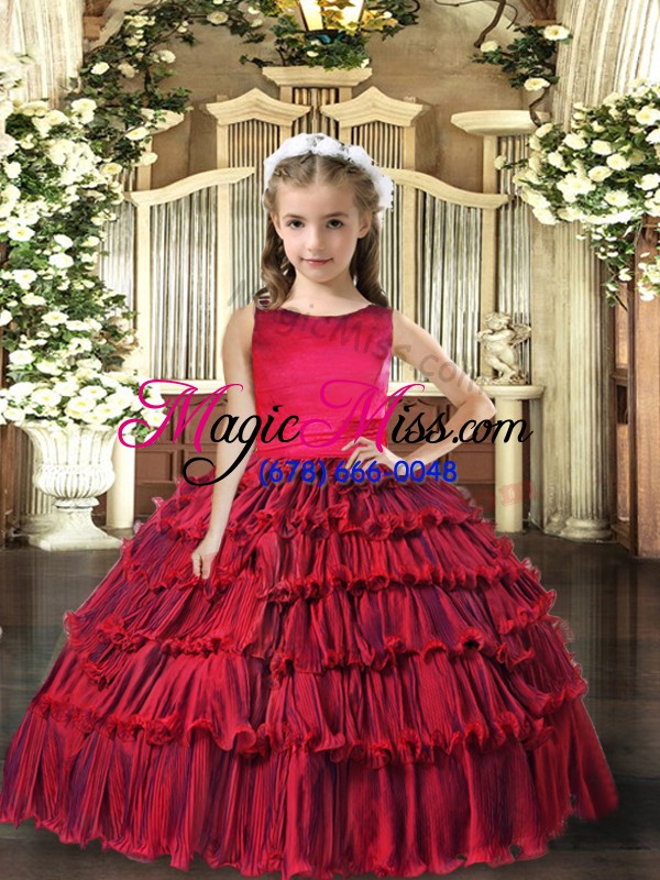 wholesale red lace up little girl pageant dress sleeveless floor length ruffled layers