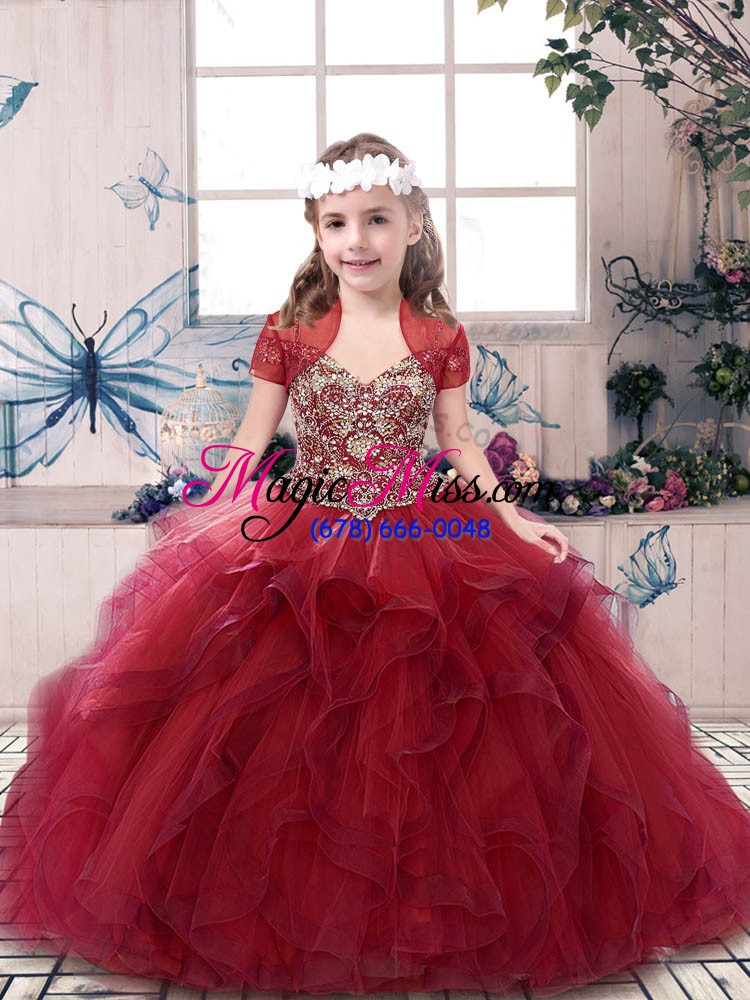 wholesale beautiful floor length lace up child pageant dress red for party and sweet 16 and wedding party with beading