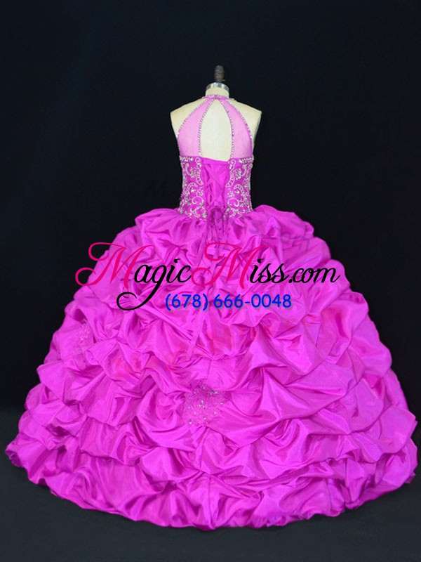 wholesale fantastic sleeveless floor length beading and appliques and pick ups lace up quinceanera dress with fuchsia