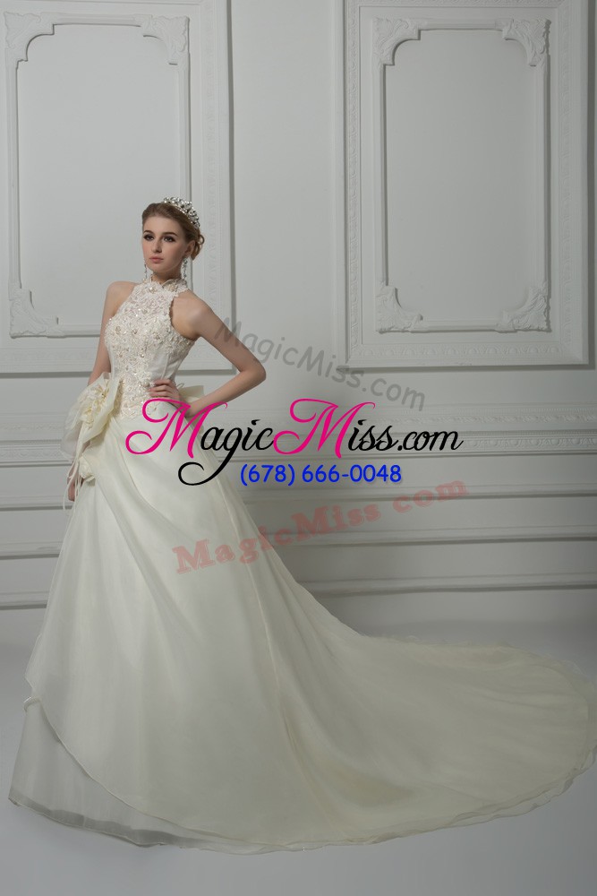wholesale excellent organza sleeveless wedding gown court train and beading and lace and hand made flower
