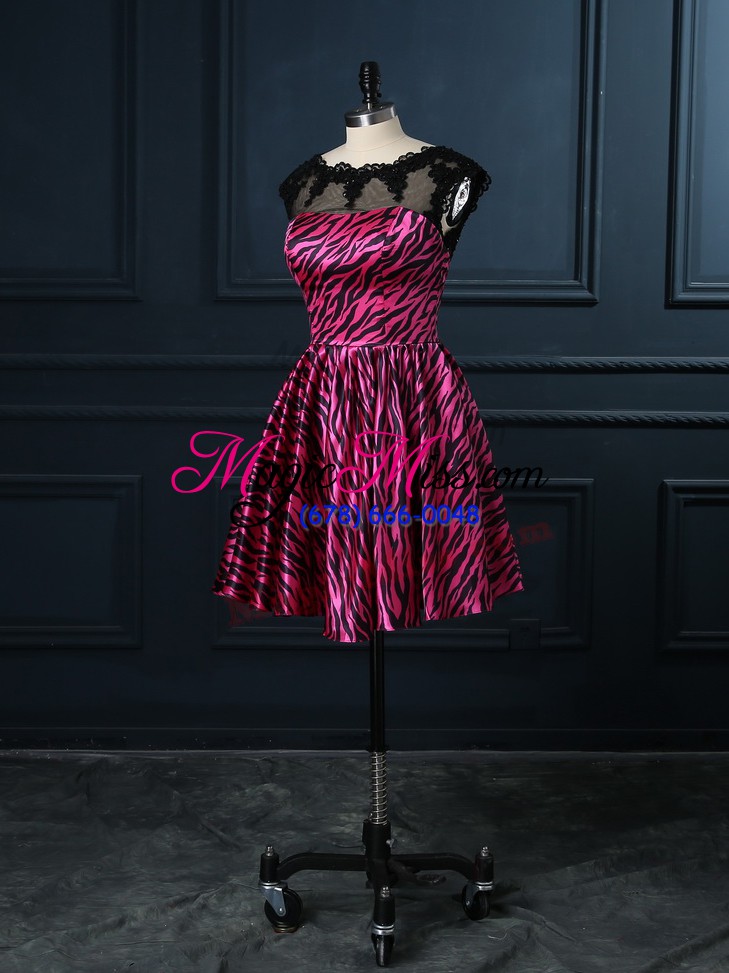 wholesale hot pink printed backless scoop cap sleeves mini length prom dresses lace