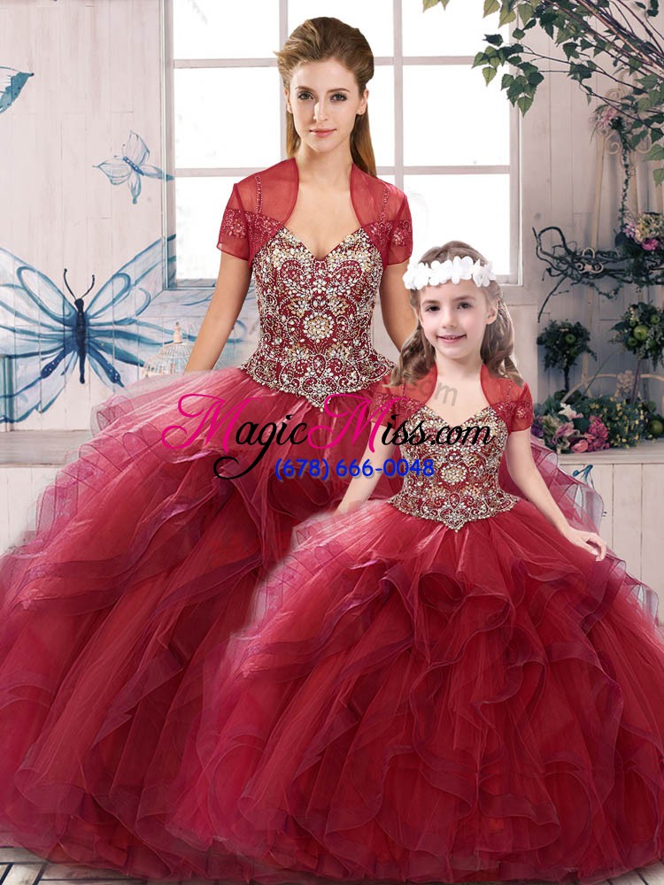 wholesale floor length lace up ball gown prom dress burgundy for military ball and sweet 16 and quinceanera with beading and ruffles
