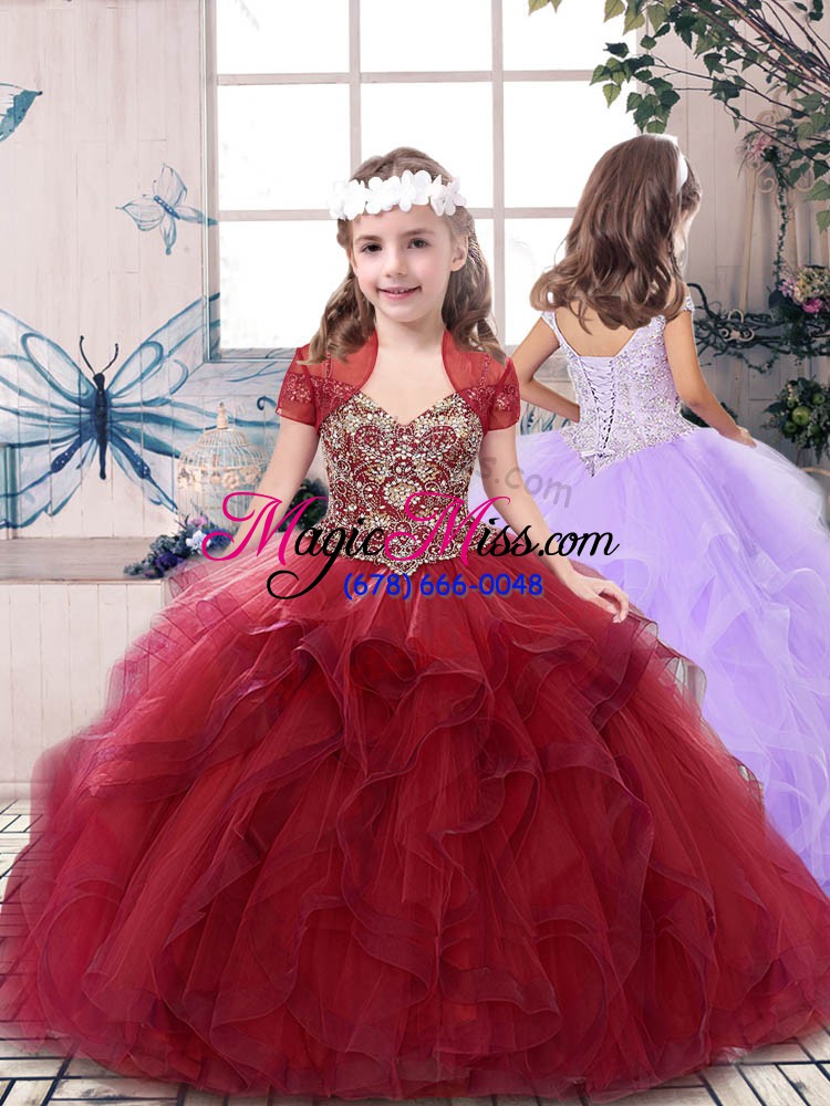 wholesale floor length lace up ball gown prom dress burgundy for military ball and sweet 16 and quinceanera with beading and ruffles