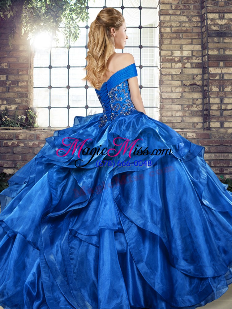 wholesale off the shoulder sleeveless organza quince ball gowns beading and ruffles lace up