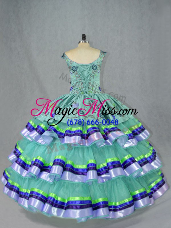 wholesale fitting apple green straps lace up embroidery and ruffled layers sweet 16 quinceanera dress sleeveless
